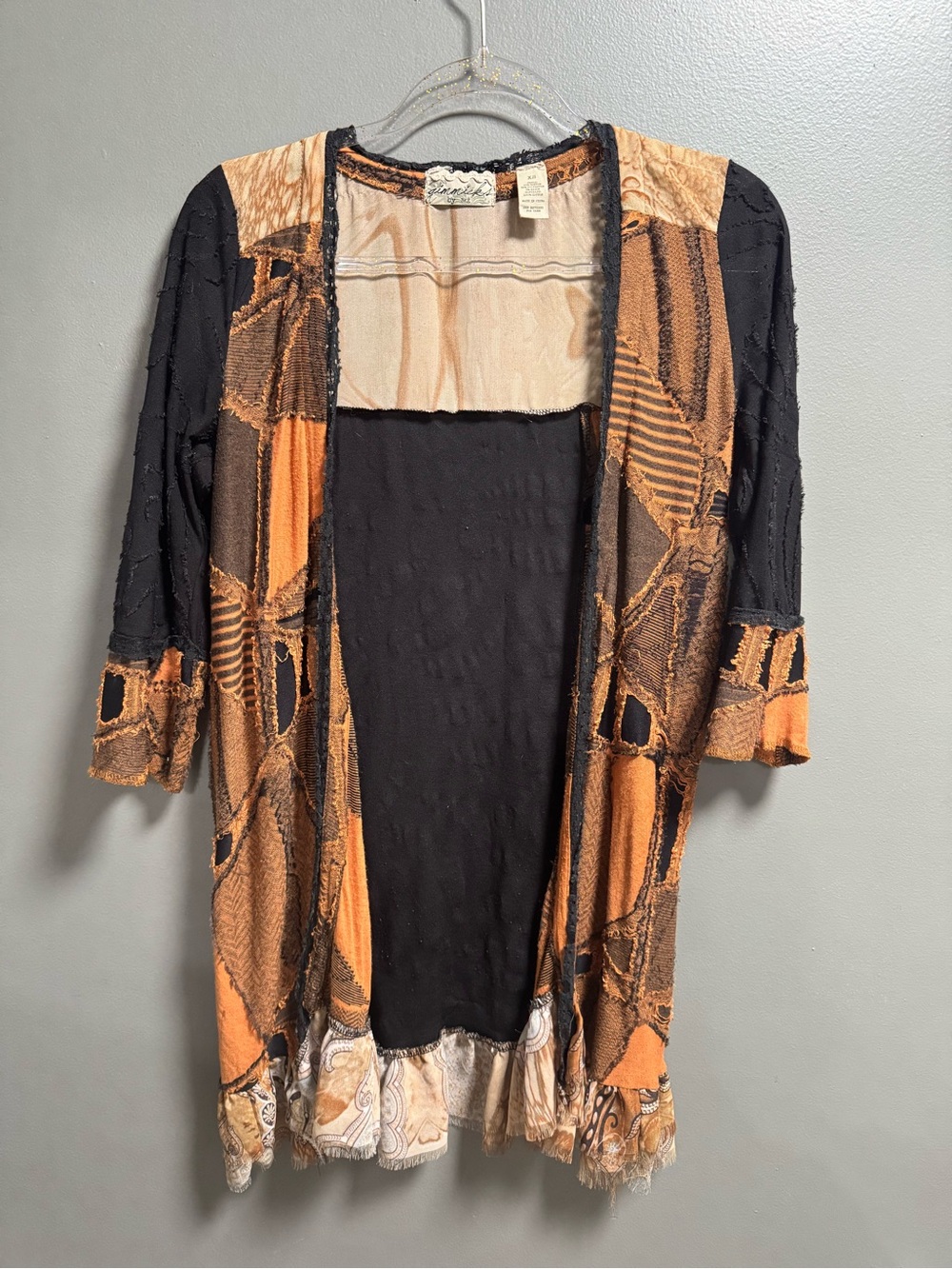 BKE Gimmicks Layered Open-Front Pieced Cardigan in Black, Orange, Brown & Cream